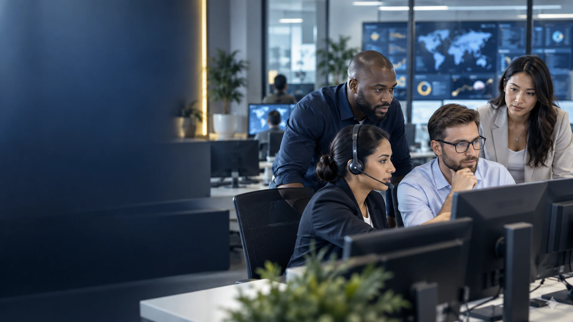 Technical support team monitoring business software around the clock